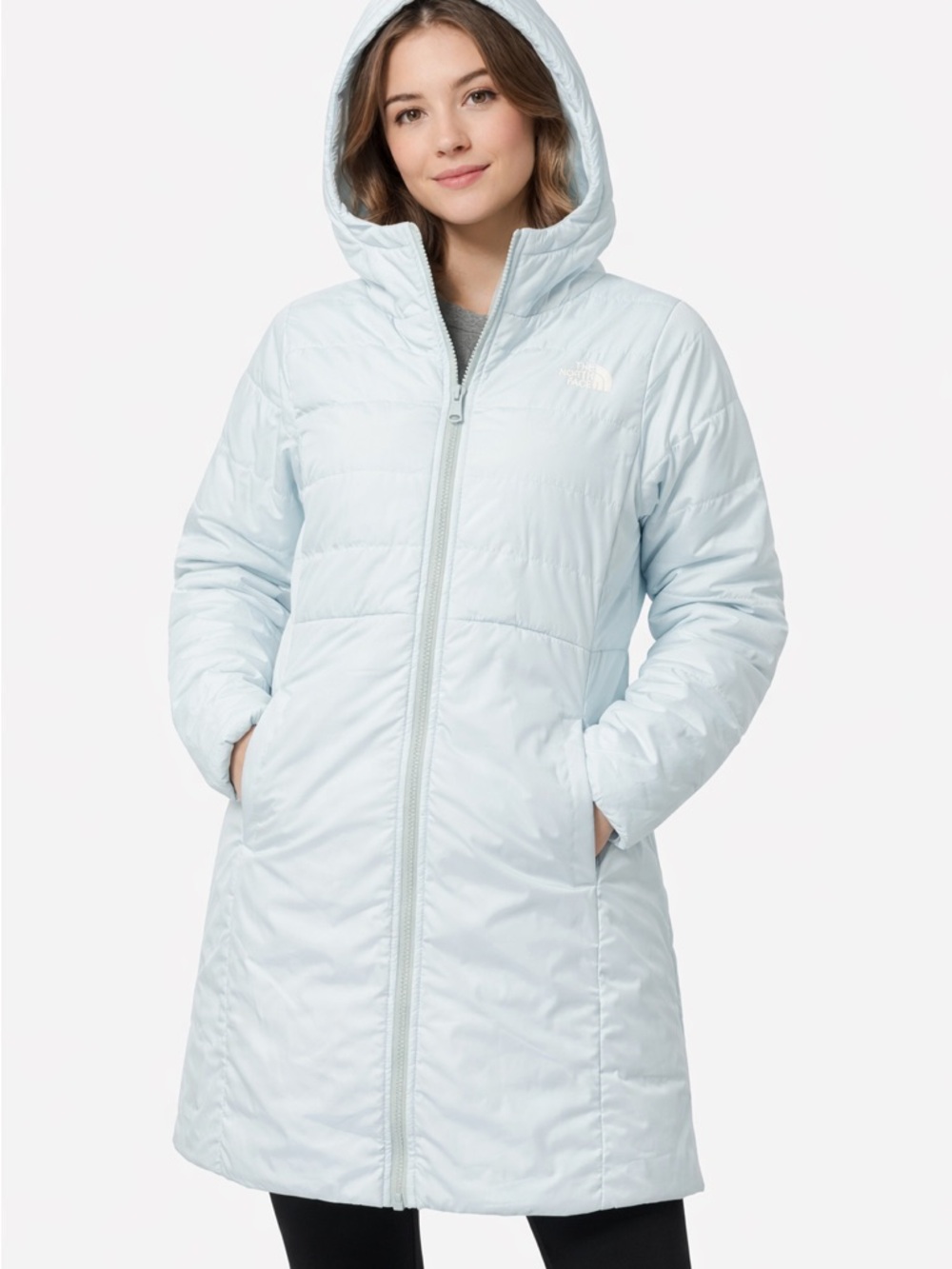 The North Face Light Blue Hooded Longline Puffer Coat